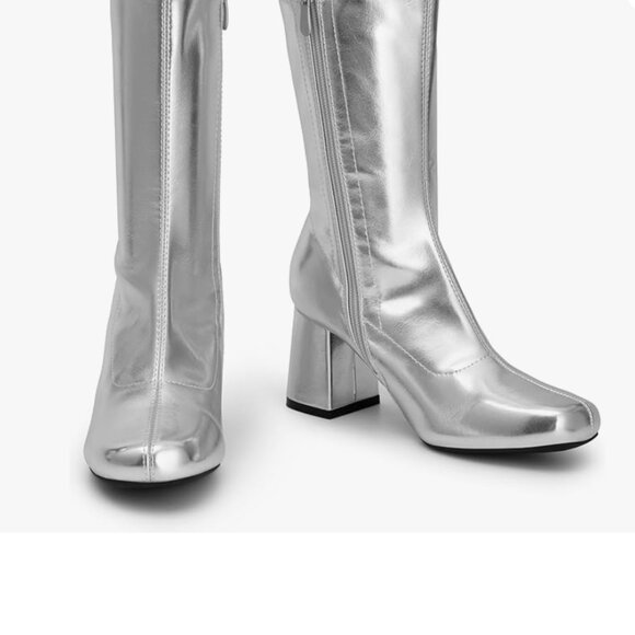 Mid Calf Low Block Silver Heel Boots - Picture 5 of 5